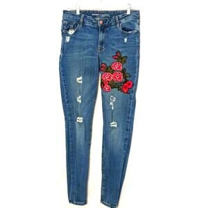 Vntg Rose‎ Embroidered Jeans Sz 10 Blue DistessHoles Boho Cottage Coquette Fairy